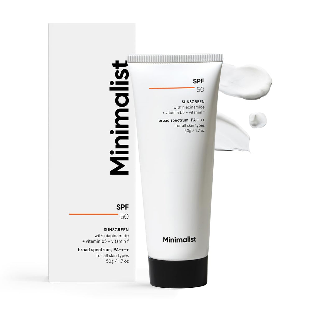 Minimalist sunscreen front pouch showing SPF 50 and lightweight benefit