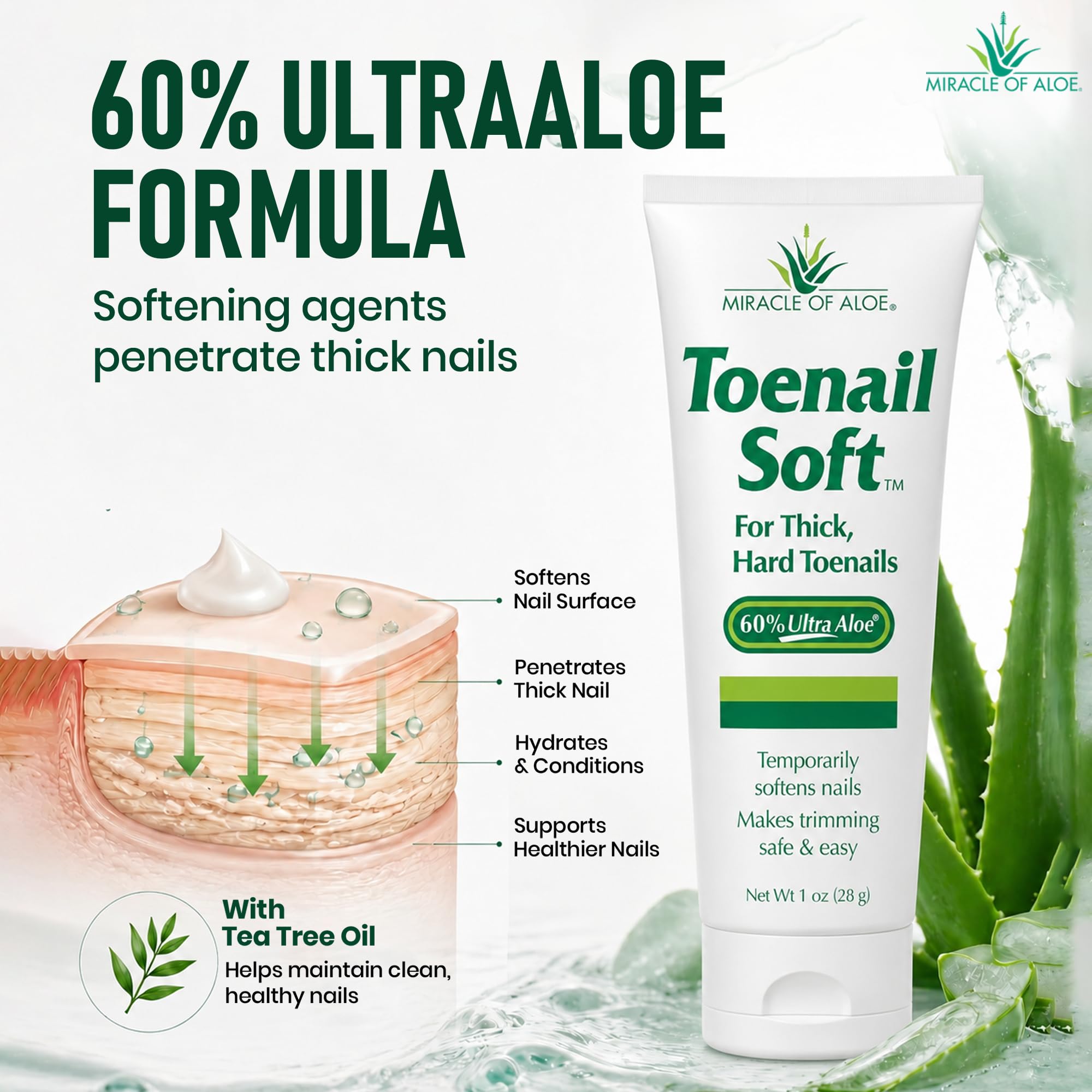 miracle of aloe applying cream to toenail demonstrating gentle softening benefit