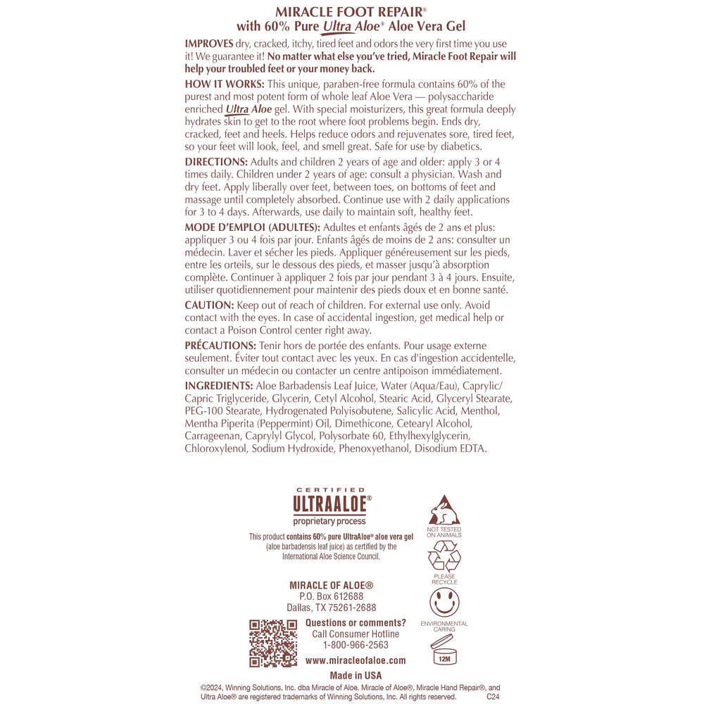 Miracle of Aloe foot cream shown with feet scale to illustrate coverage benefit