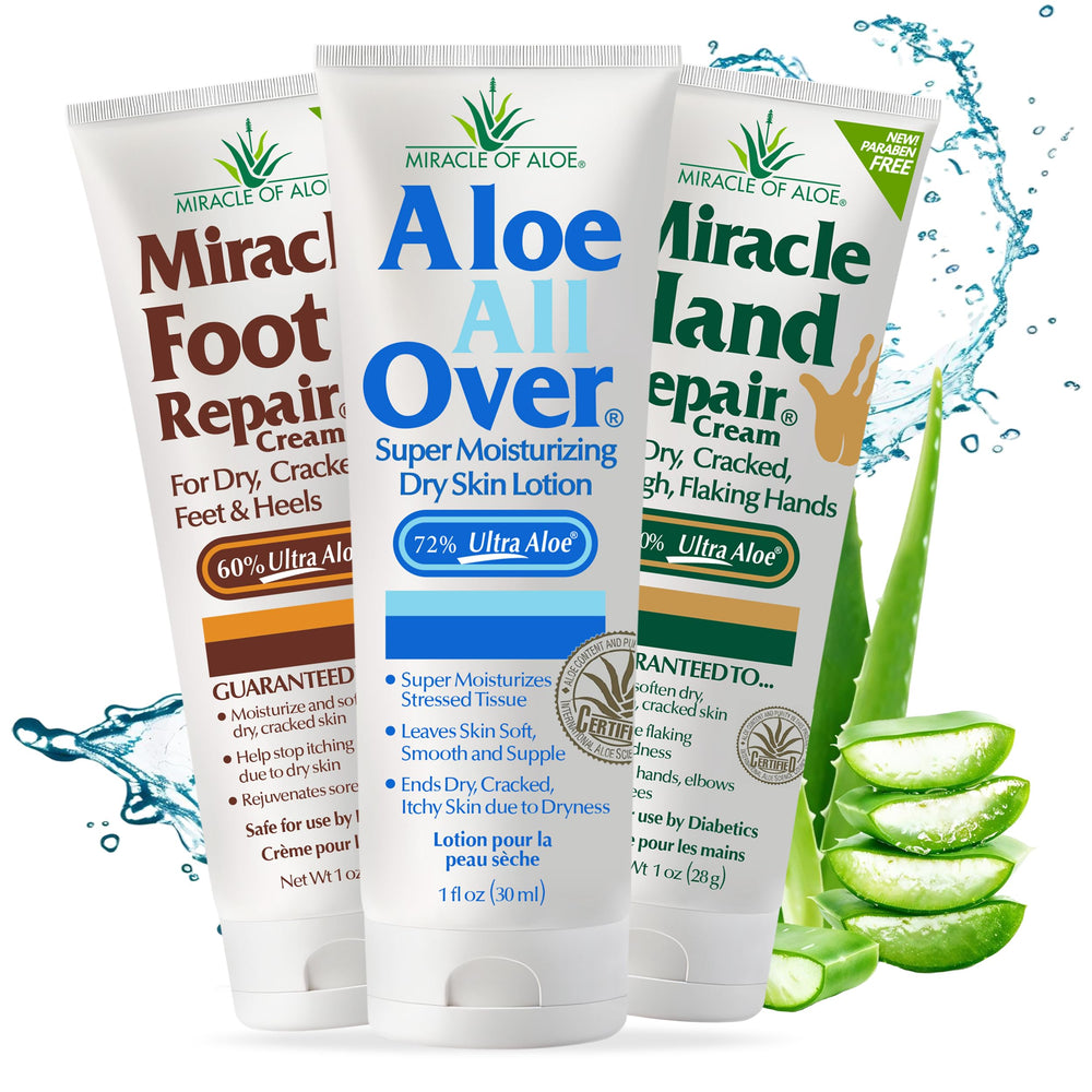 Miracle of Aloe front packaging showing three 1 oz tubes, travel-ready hydration