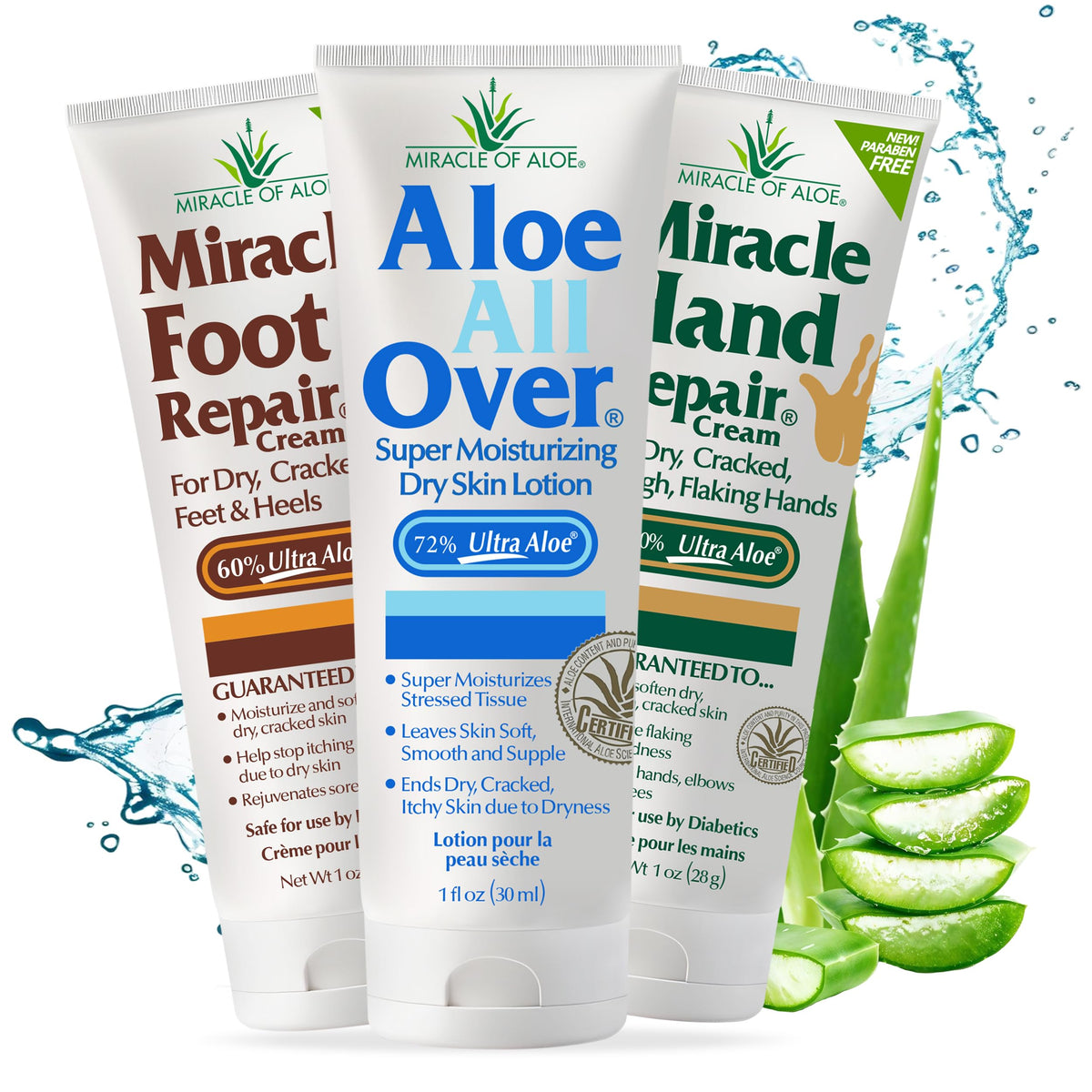 Miracle of Aloe front packaging showing three 1 oz tubes, travel-ready hydration