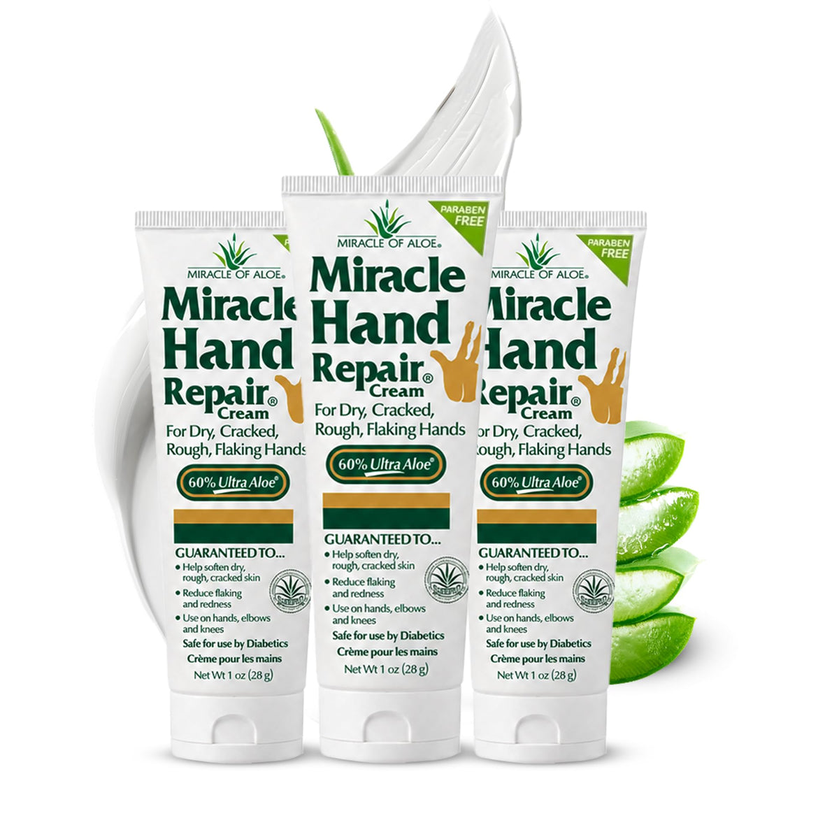Miracle of Aloe front packaging showing three 1 oz tubes and fast relief