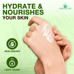 Miracle of Aloe being applied to hands for fast relief and non-greasy finish