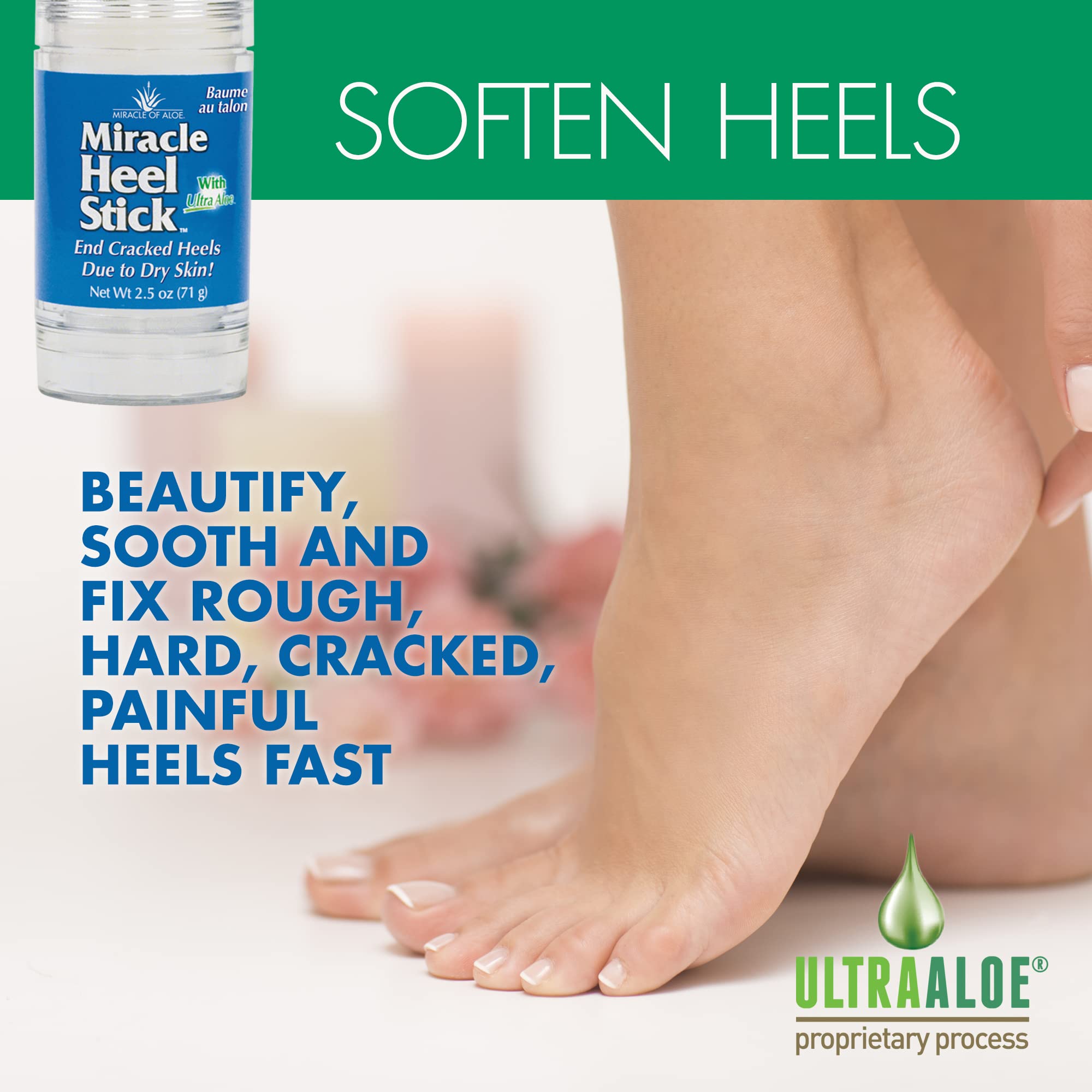 Miracle of Aloe heel stick applied to heel demonstrating targeted softening benefit