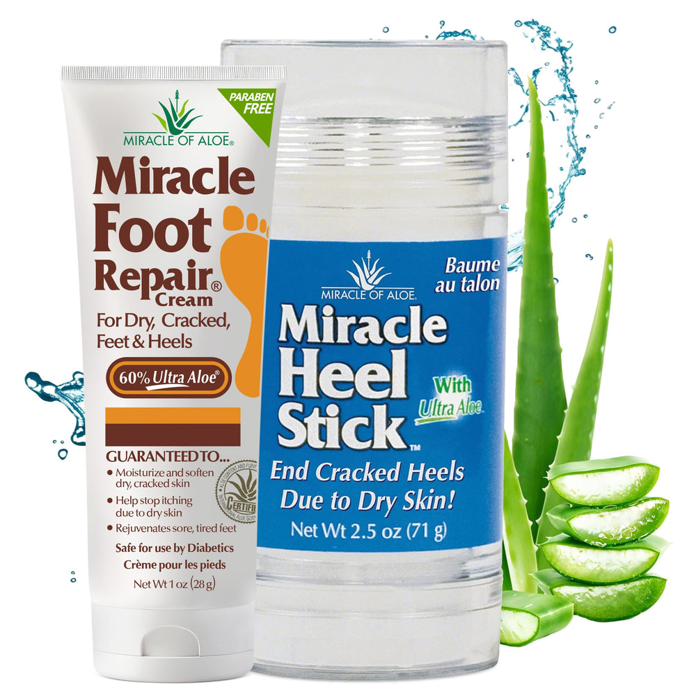 Miracle of Aloe heel stick front packaging showing compact applicator benefit