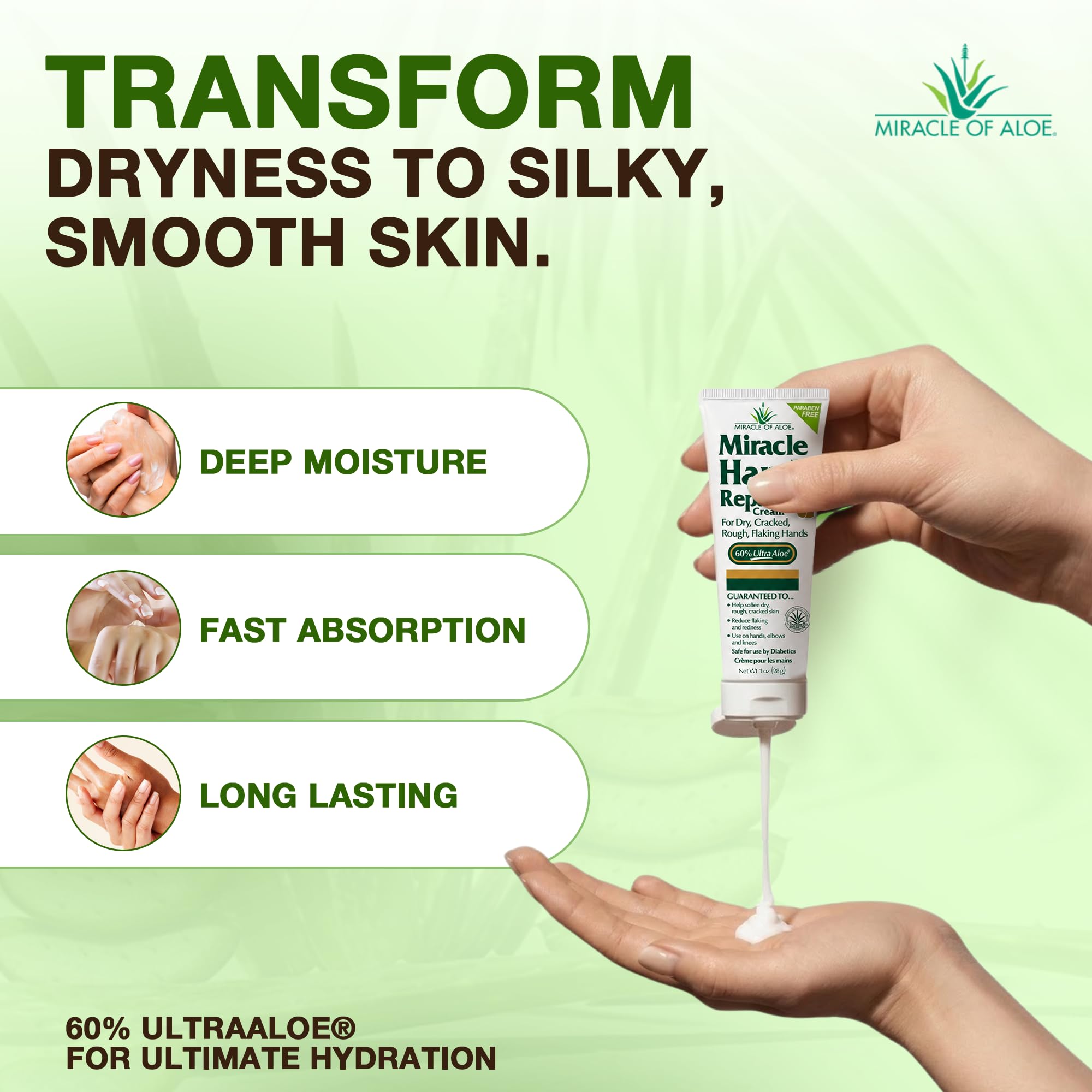 Miracle of Aloe cream texture swipe showing smooth non-greasy formula