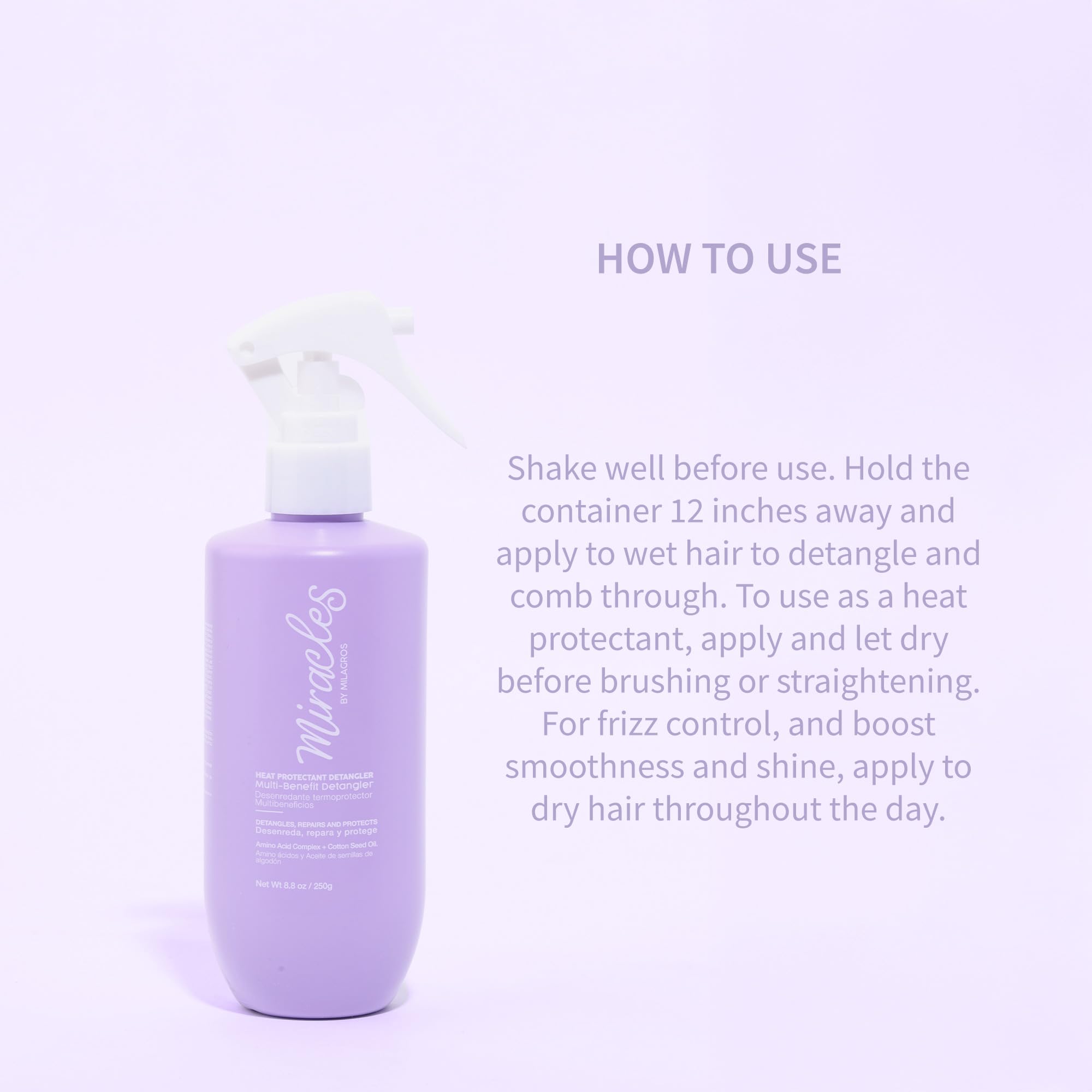 Miracles By Milagros being sprayed on damp hair to reduce tangles quickly
