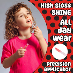 Miraculous gloss texture sheen on lips showing subtle sparkle and kid-friendly finish