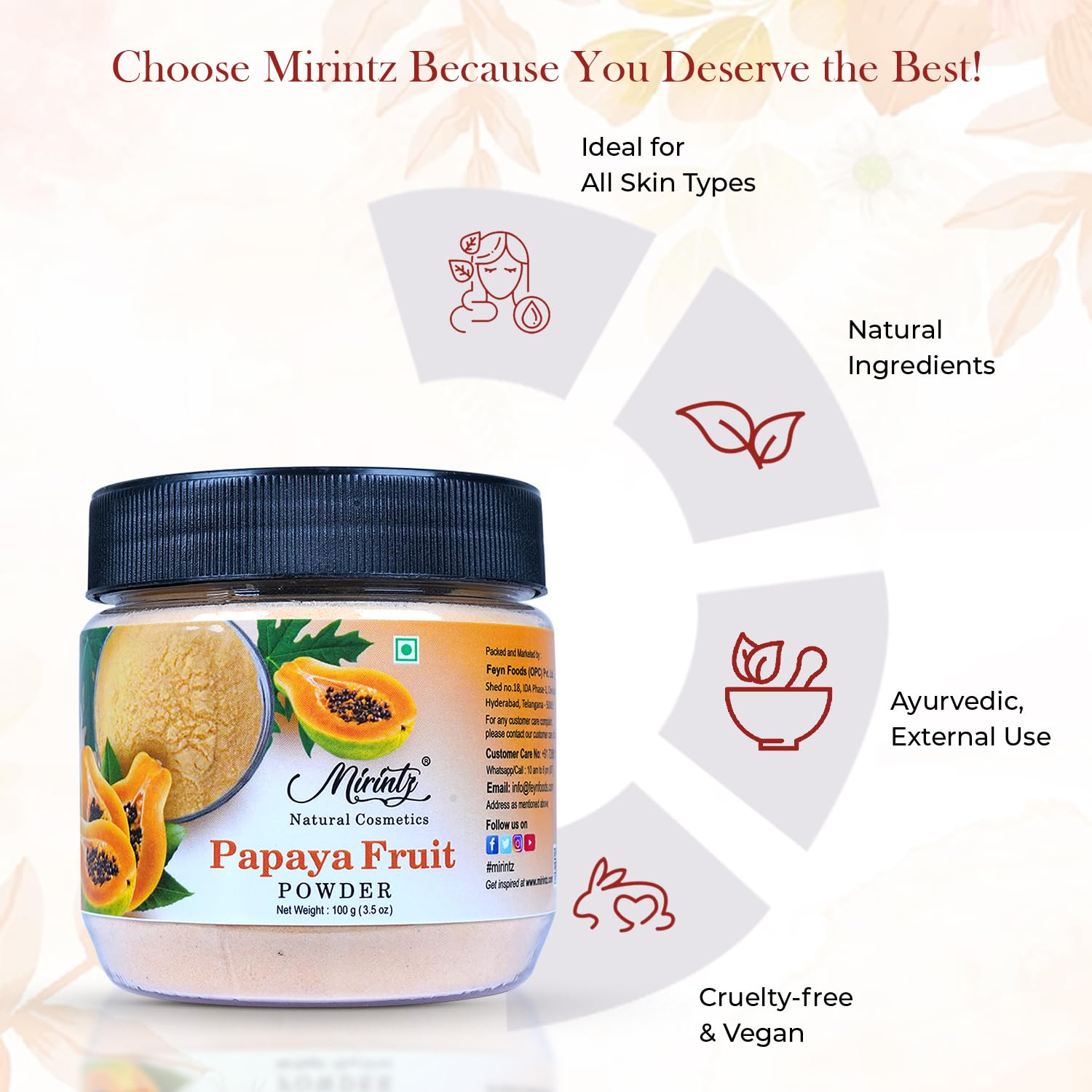 Mirintz papaya powder on bathroom shelf suggesting clean-beauty routine