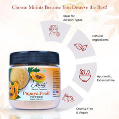 Mirintz papaya powder on bathroom shelf suggesting clean-beauty routine