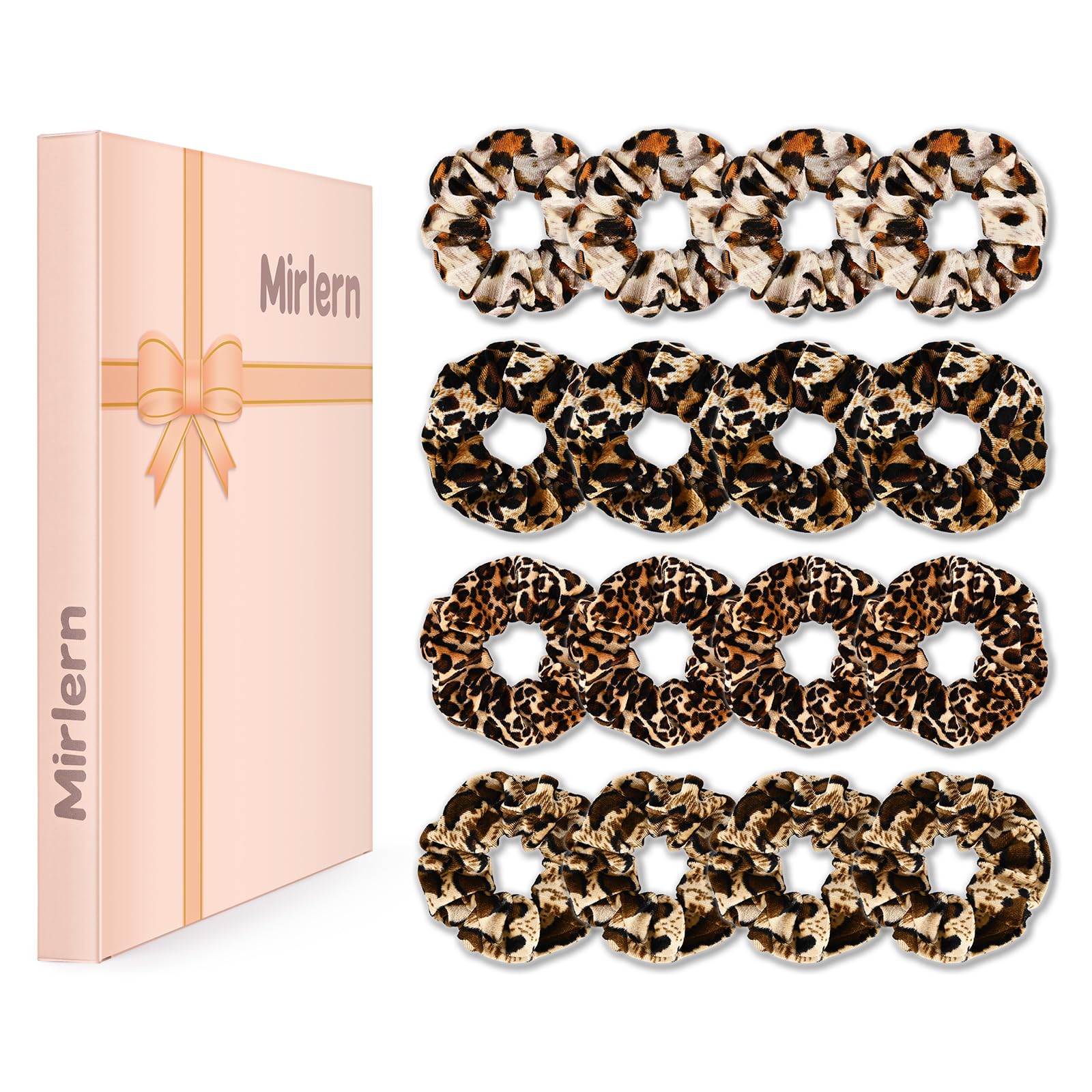 Mirlern front packaging showing 16-piece leopard scrunchies and variety benefit: ready-to-gift