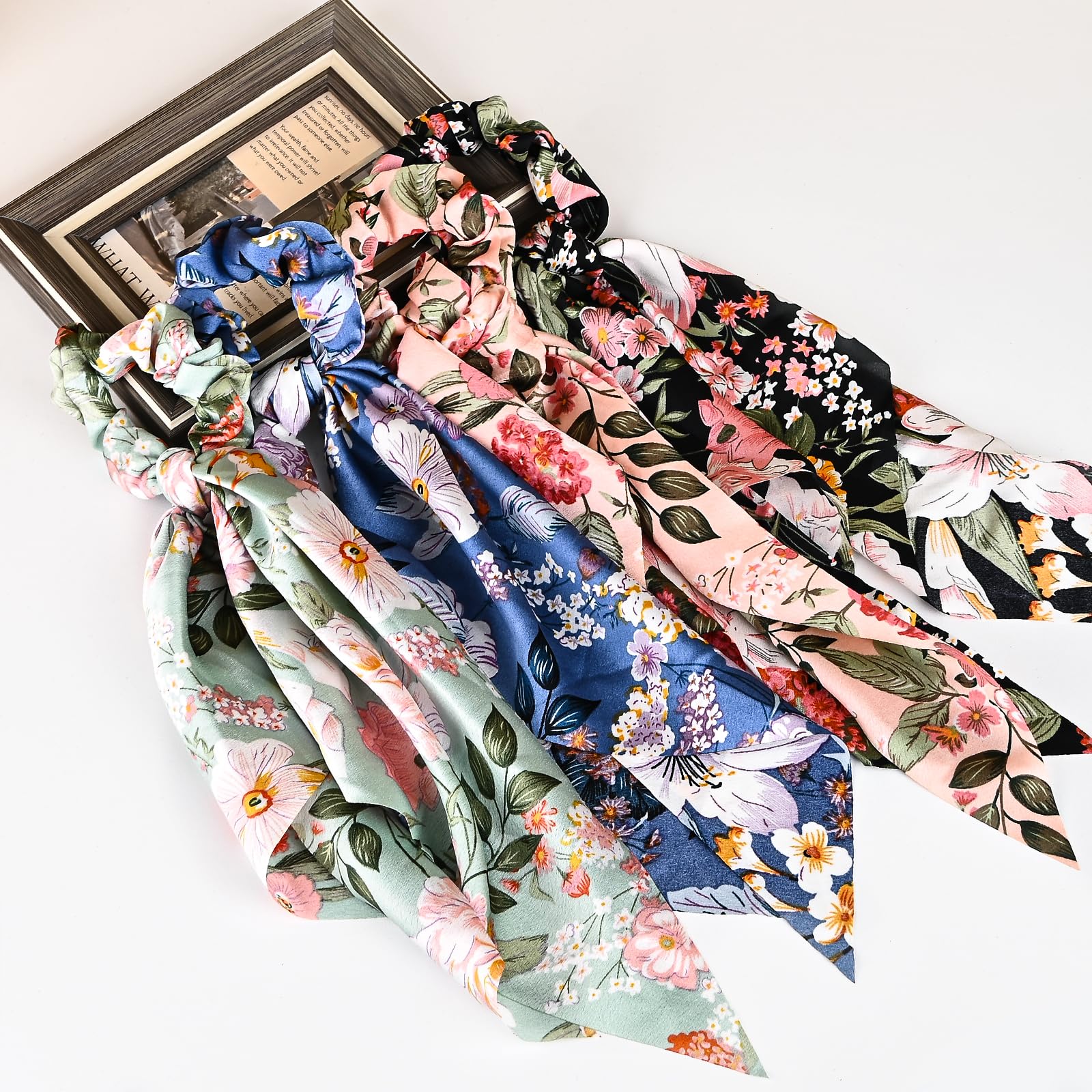 Mirlern front view of four Lily scrunchies showing patterns and colors, stylish gift-ready