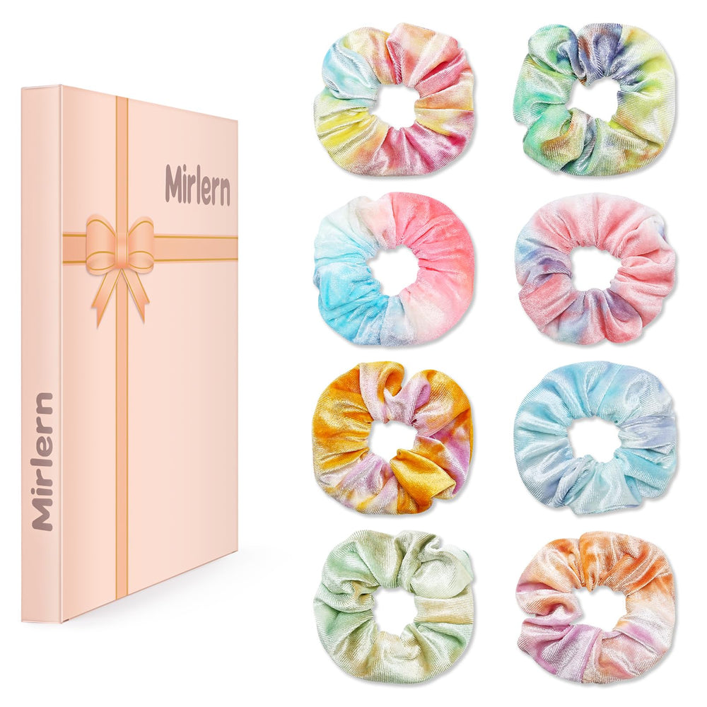 Mirlern front packaging showing eight tie-dye scrunchies and clear colors benefit convenience