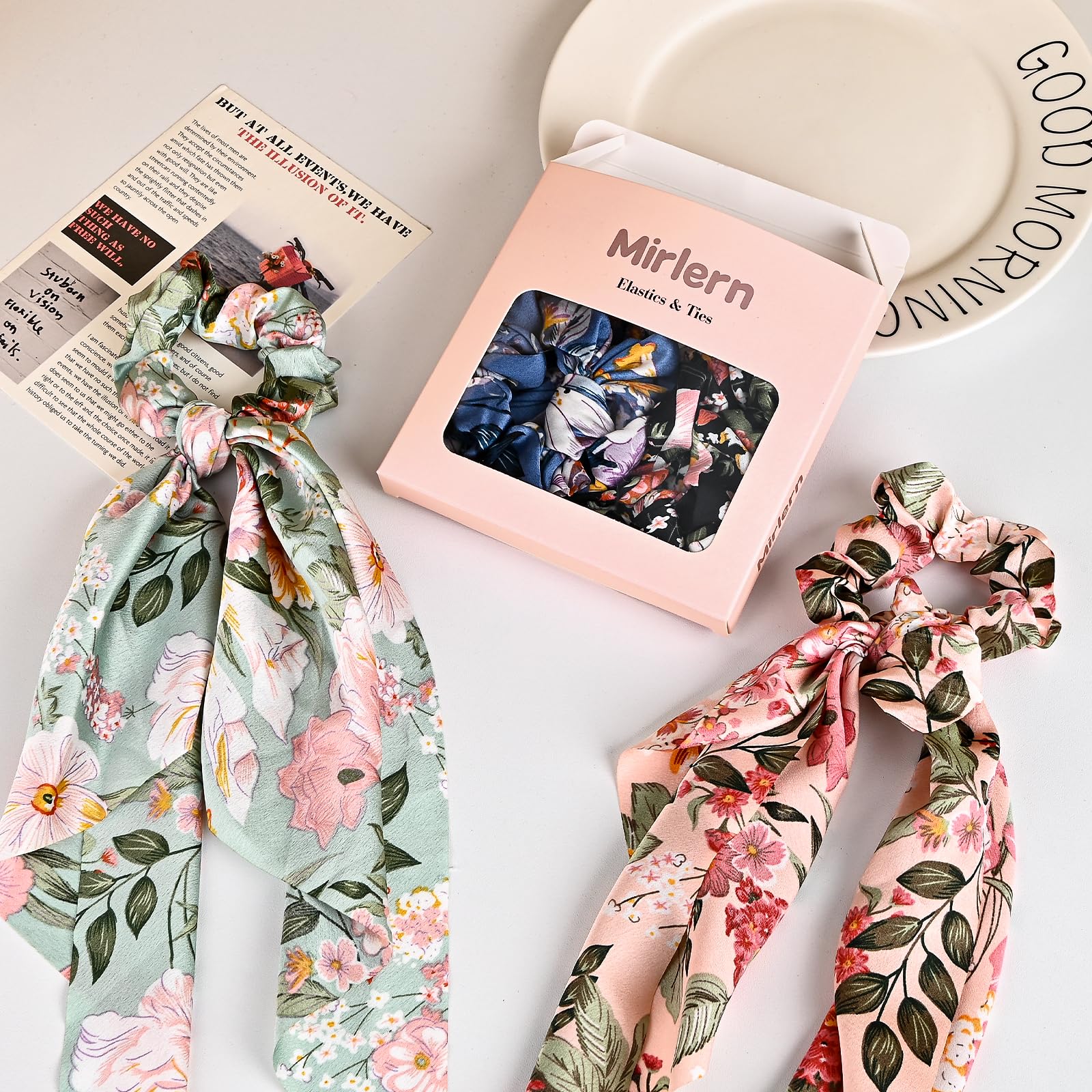Mirlern scrunchie worn in a ponytail demonstrating no-damage hold and pretty bow