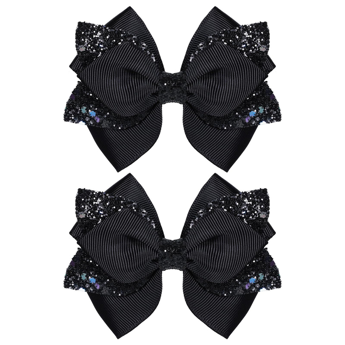 Miroksh front view of black glitter bows showing polished finish and versatile style