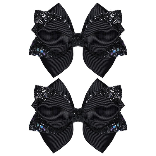 Miroksh front view of black glitter bows showing polished finish and versatile style