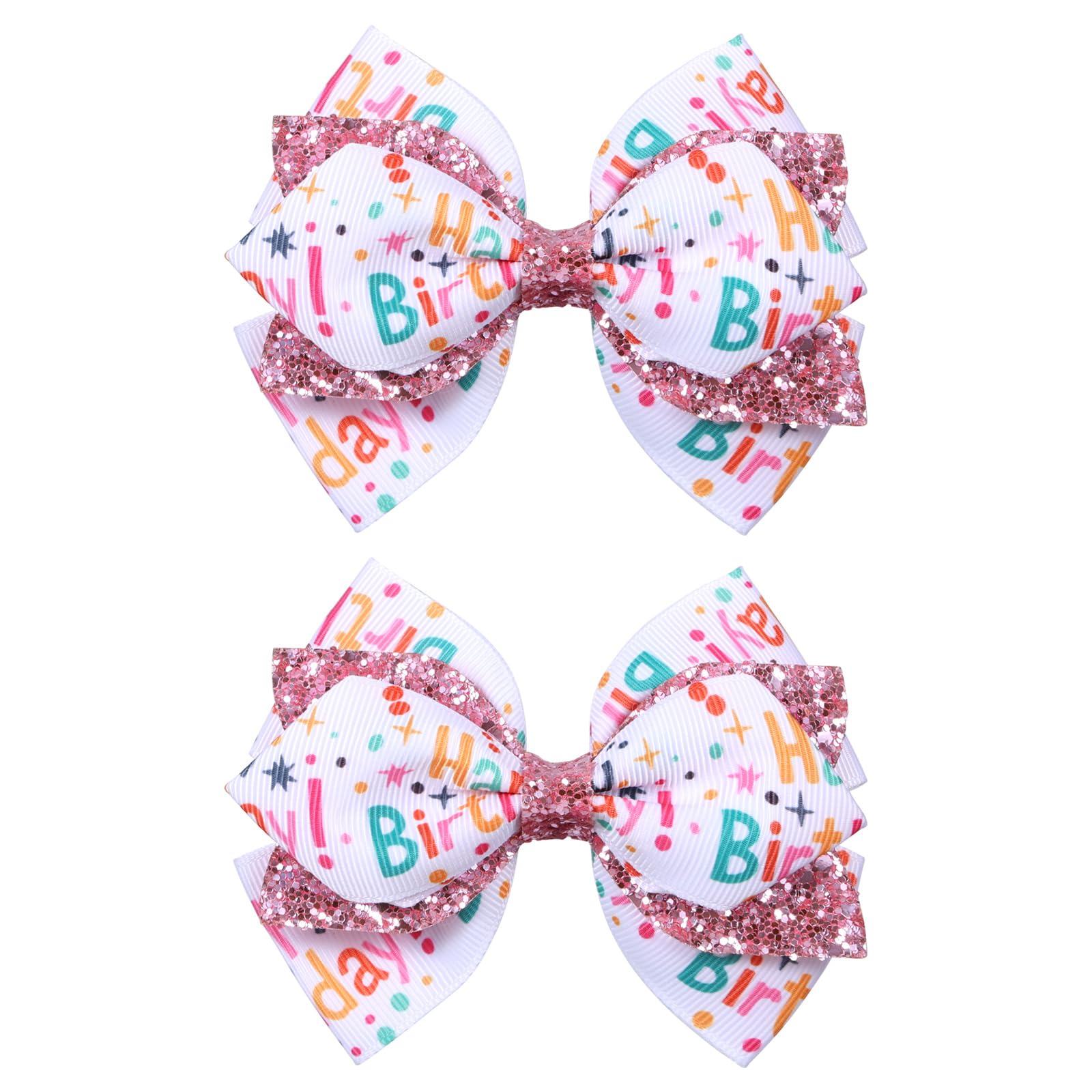 Miroksh front view of two pink birthday bow clips showing festive design and shine