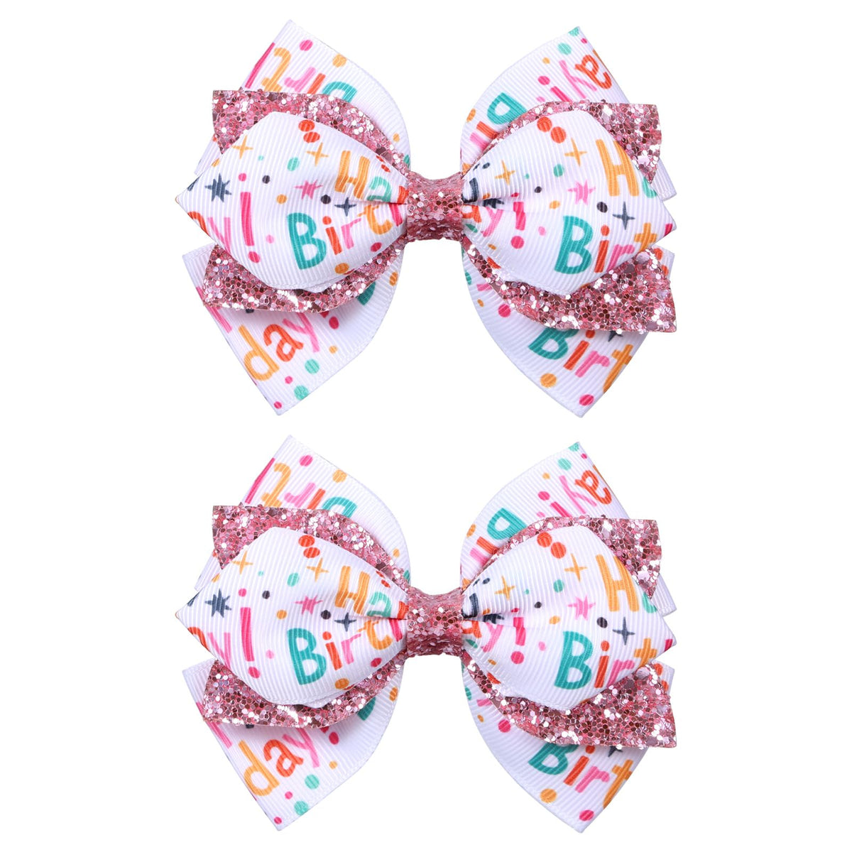 Miroksh front view of two pink birthday bow clips showing festive design and shine