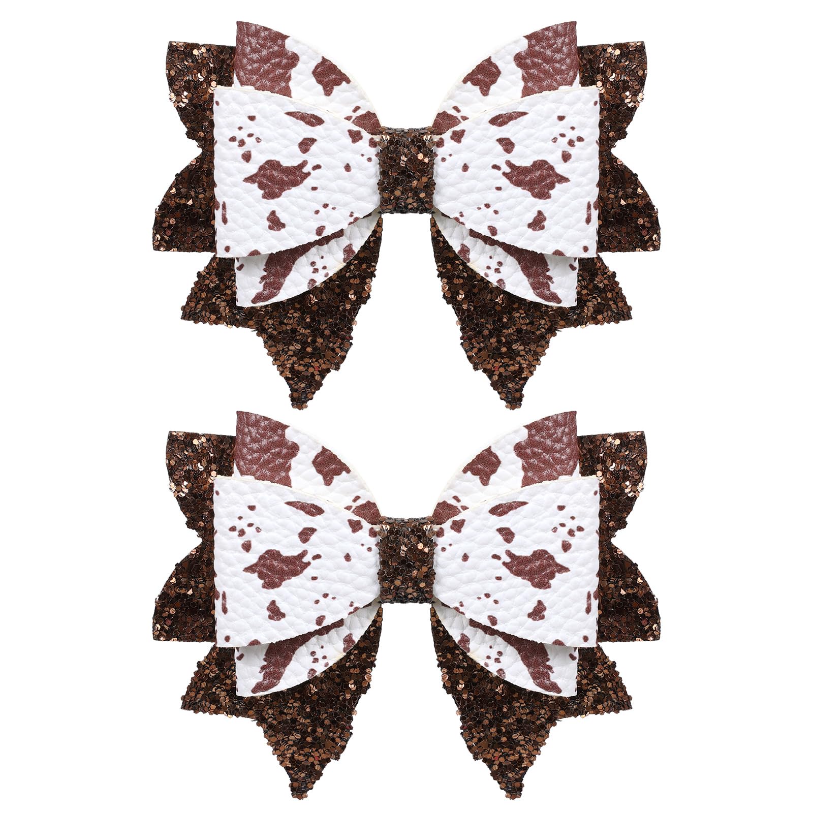 Miroksh front view of two glitter brown cow print bows showing size and shape, perfect party accent