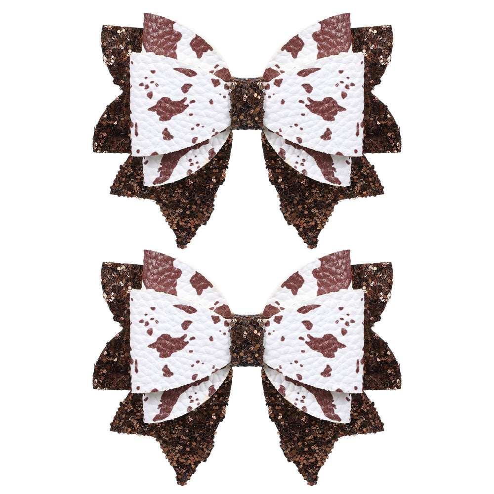 Miroksh front view of two glitter brown cow print bows showing size and shape, perfect party accent