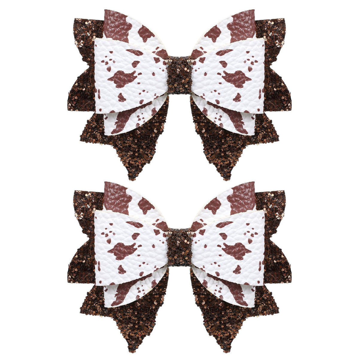 Miroksh front view of two glitter brown cow print bows showing size and shape, perfect party accent