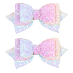 Miroksh front view of glitter rainbow bow pair showing colorful sparkle and shape, versatile accessory