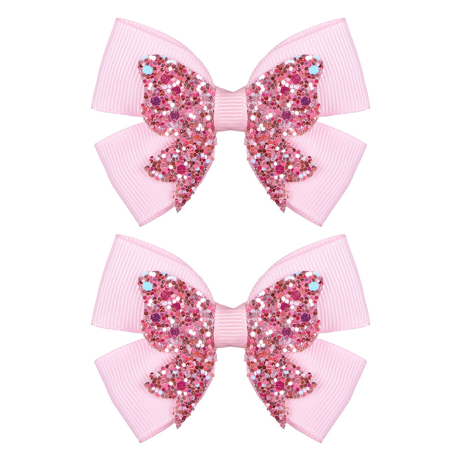 Miroksh front view of two glitter pink bow clips adds sparkle