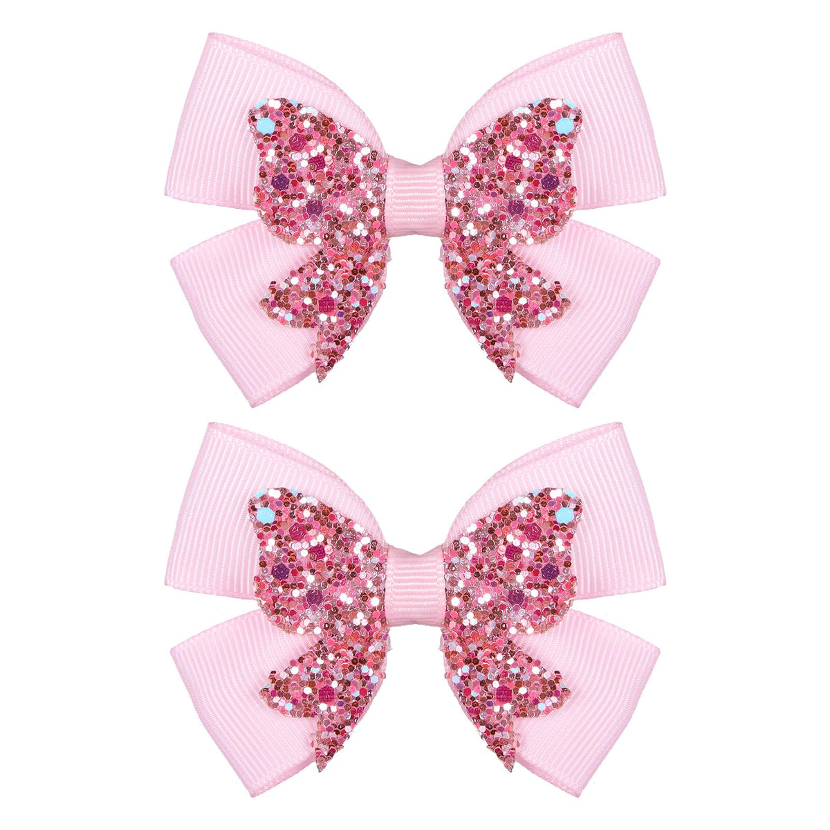 Miroksh front view of two glitter pink bow clips adds sparkle