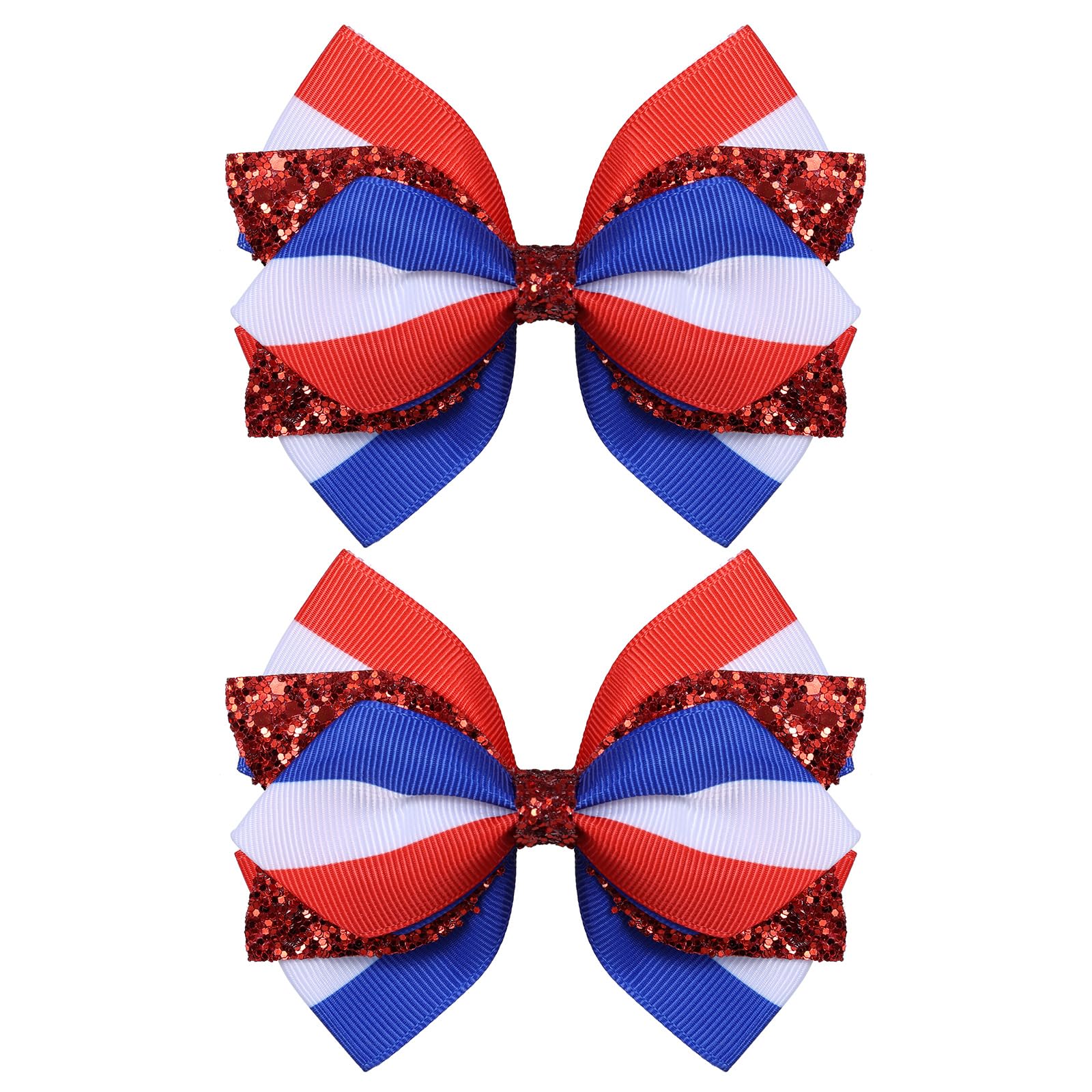 Miroksh front view of pair sparkly patriotic bows, festive finishing touch