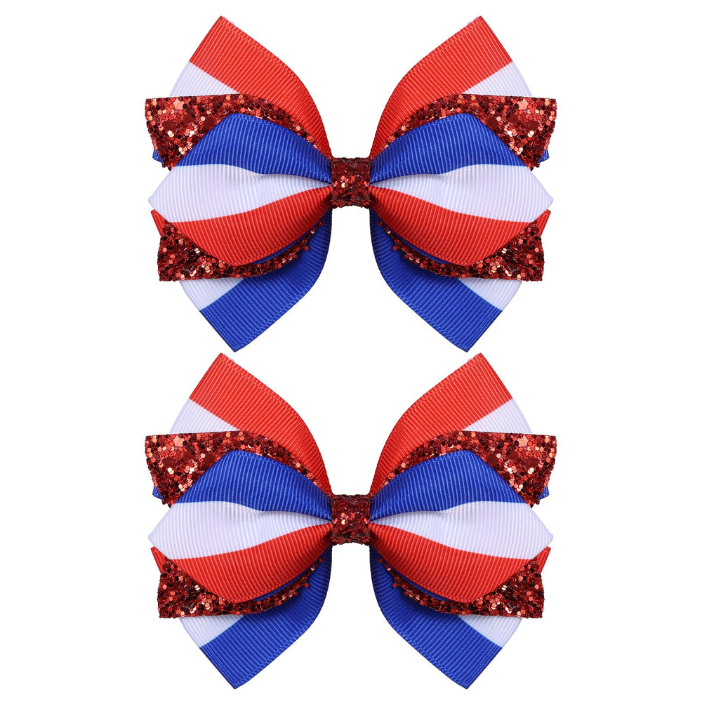 Miroksh front view of pair sparkly patriotic bows, festive finishing touch