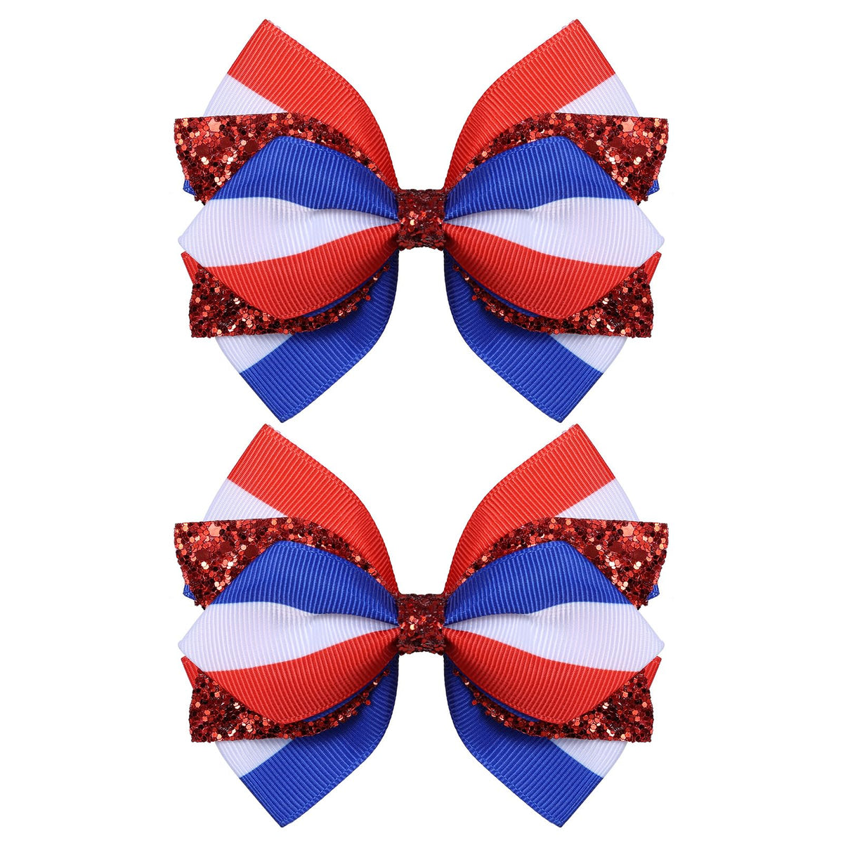 Miroksh front view of pair sparkly patriotic bows, festive finishing touch