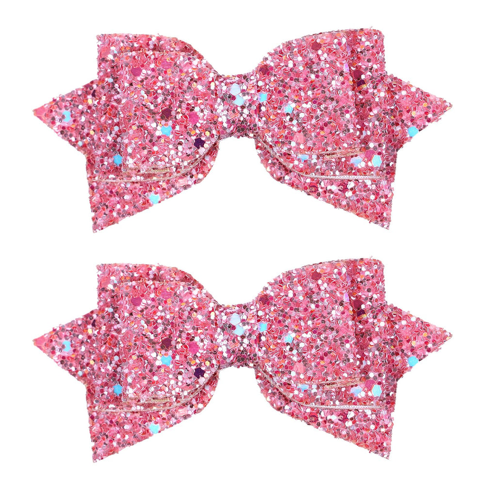 Miroksh front view of two glitter pink bows showing vibrant colors and shimmer benefit
