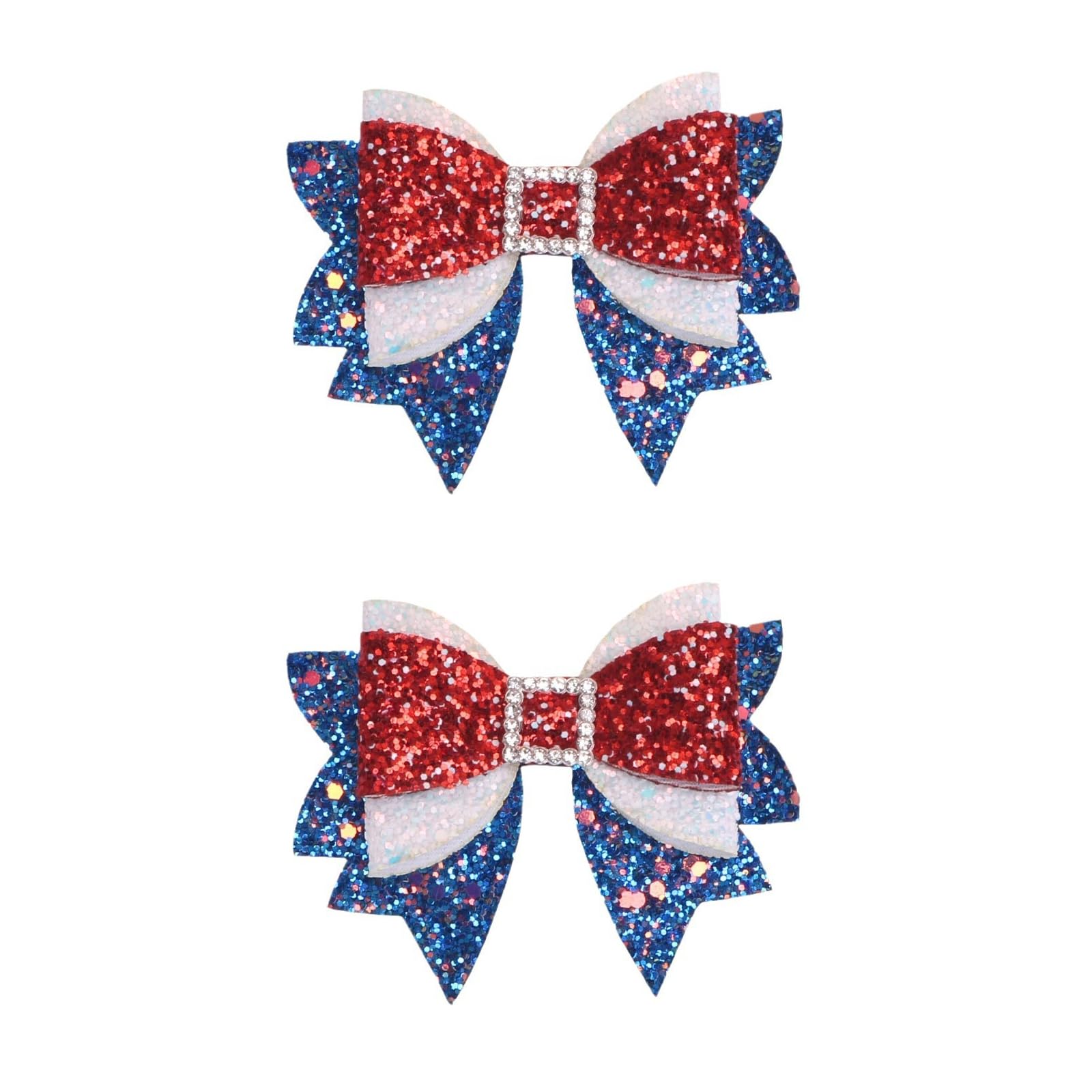 Miroksh front view of two patriotic bow clips showcasing festive colors and sparkle