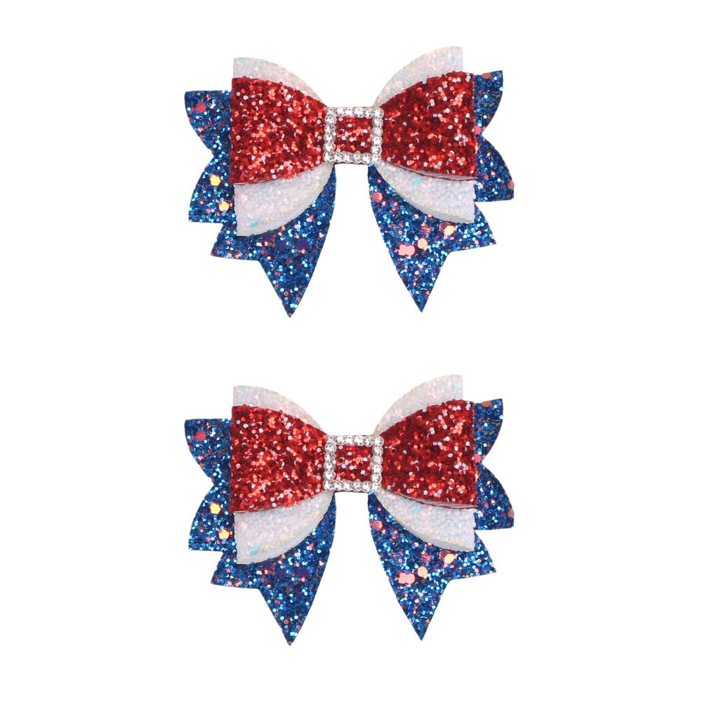 Miroksh front view of two patriotic bow clips showcasing festive colors and sparkle
