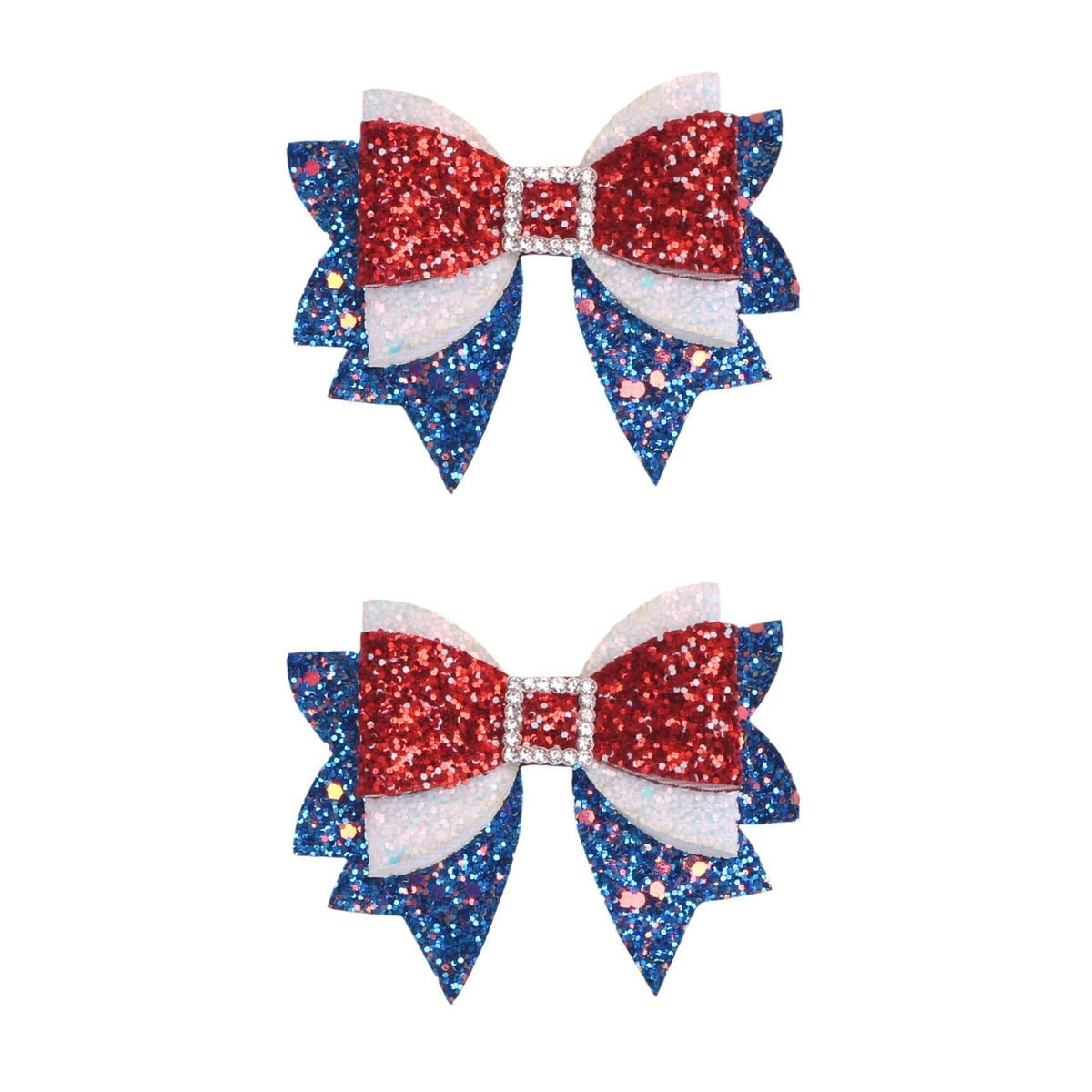 Miroksh front view of two patriotic bow clips showcasing festive colors and sparkle