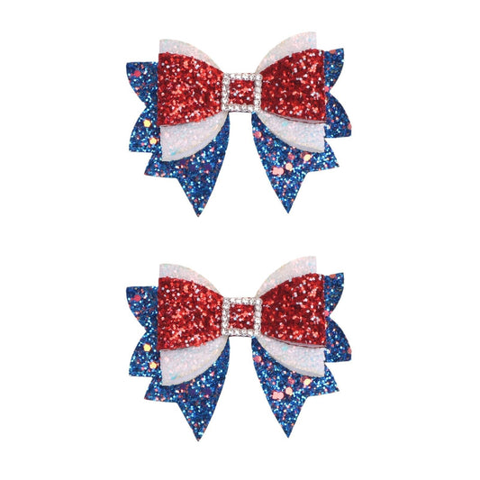 Miroksh front view of two patriotic bow clips showcasing festive colors and sparkle