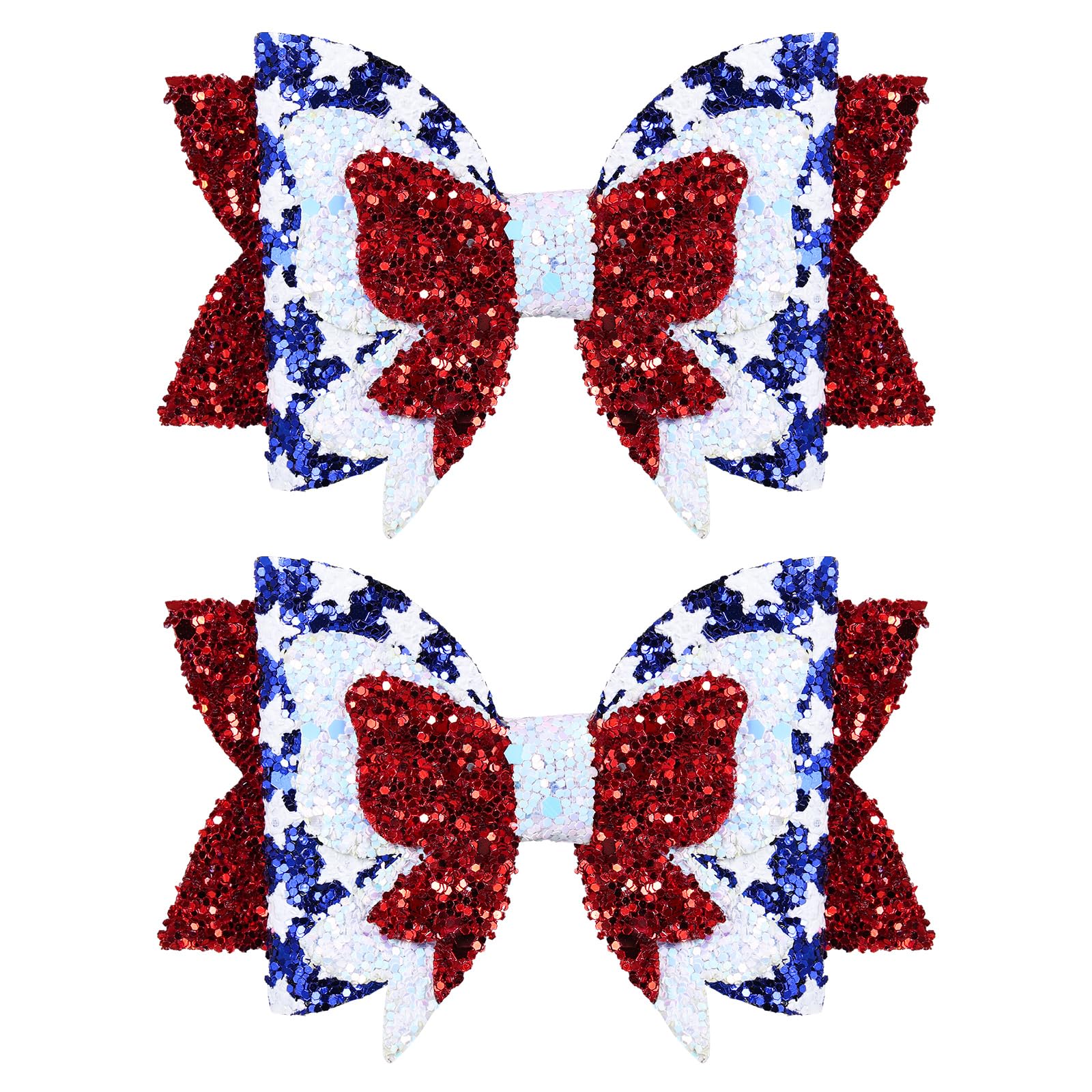 Miroksh front view of two patriotic glitter hair bows showing festive colors and secure clip