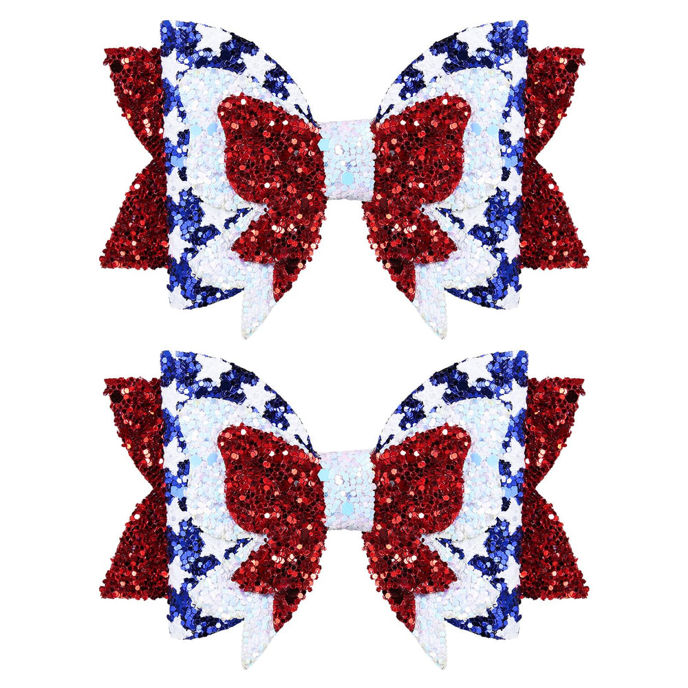 Miroksh front view of two patriotic glitter hair bows showing festive colors and secure clip