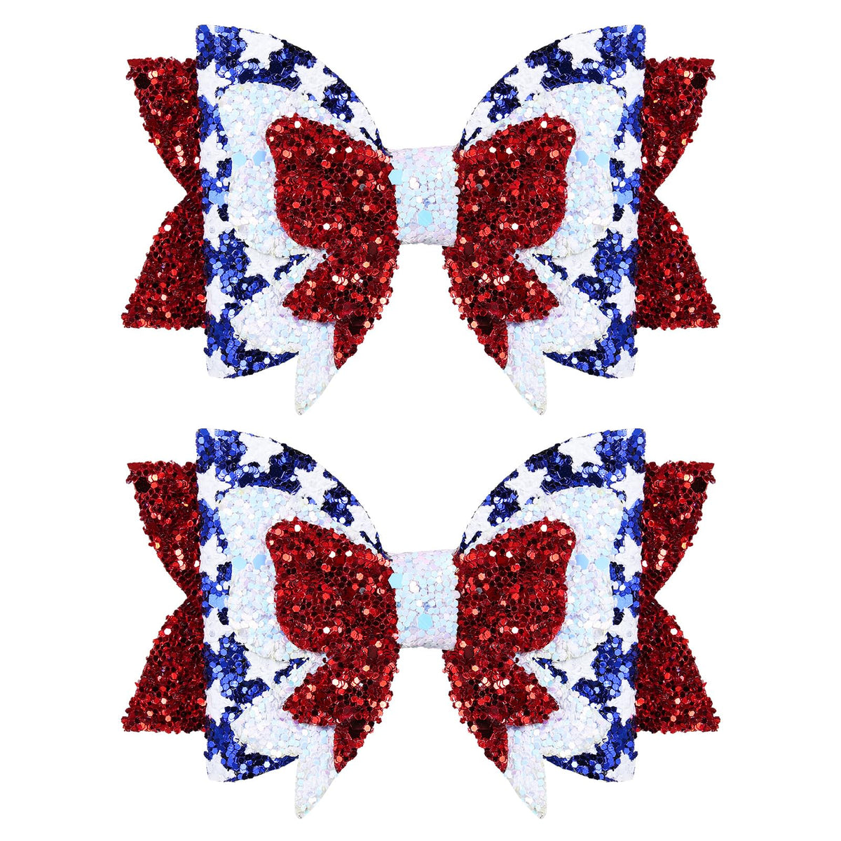 Miroksh front view of two patriotic glitter hair bows showing festive colors and secure clip