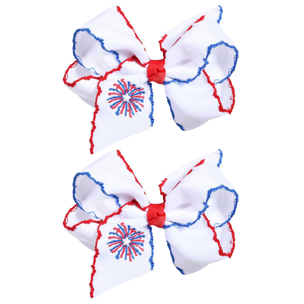 Miroksh front view of two patriotic bow clips showing festive pair benefit