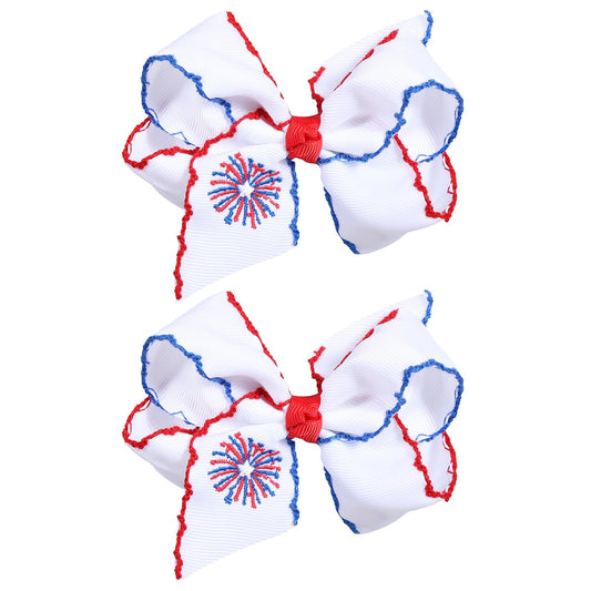 Miroksh front view of two patriotic bow clips showing festive pair benefit