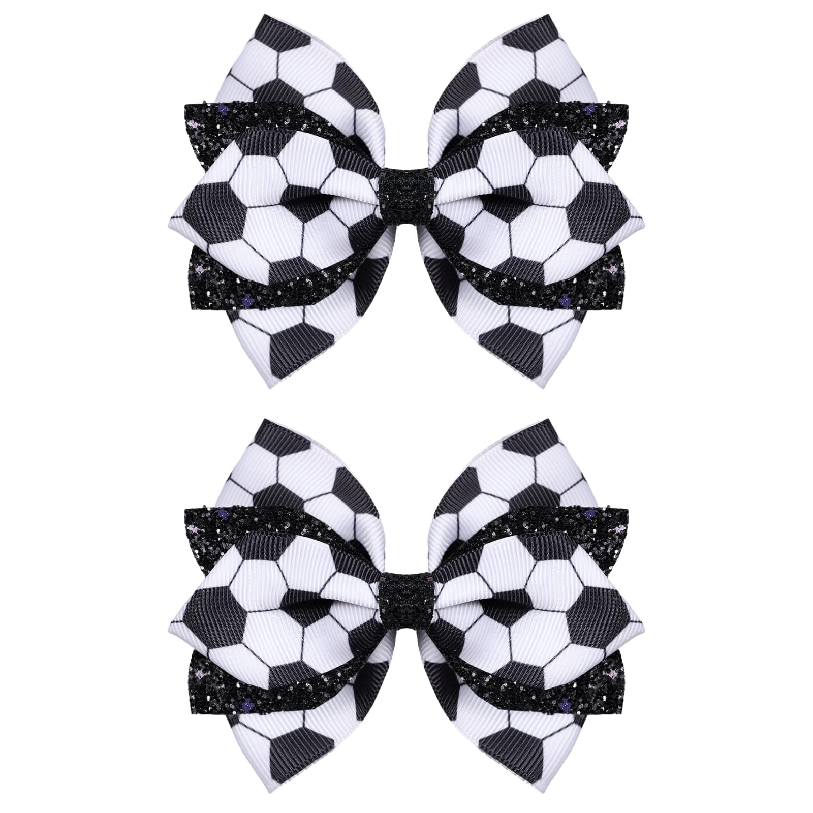 Miroksh front view of two black white soccer bows showing shape and sparkle benefit