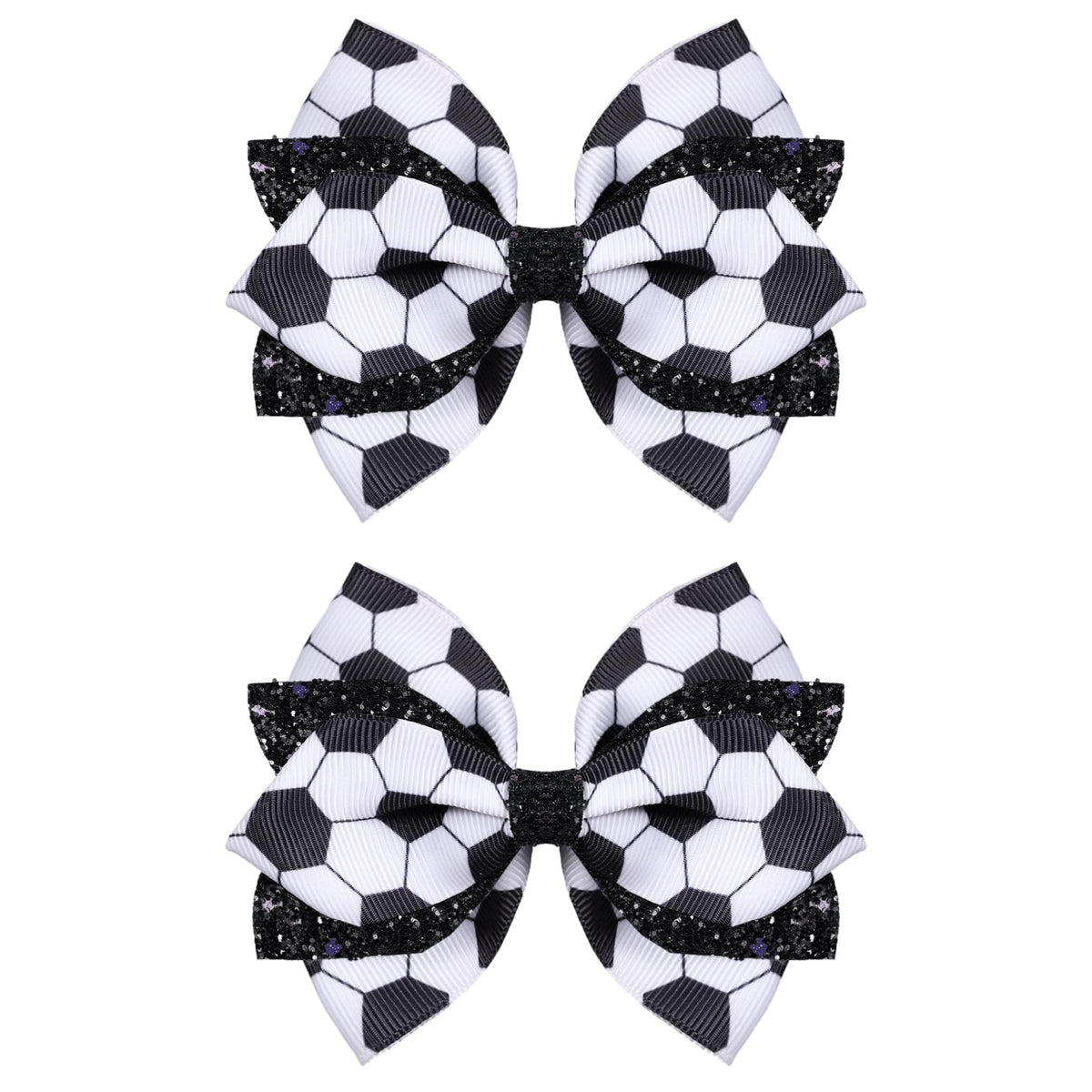Miroksh front view of two black white soccer bows showing shape and sparkle benefit