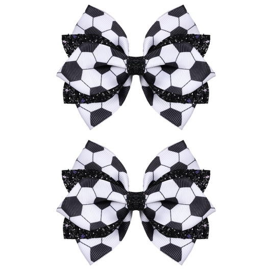 Miroksh front view of two black white soccer bows showing shape and sparkle benefit