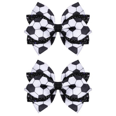 Miroksh front view of two black white soccer bows showing shape and sparkle benefit