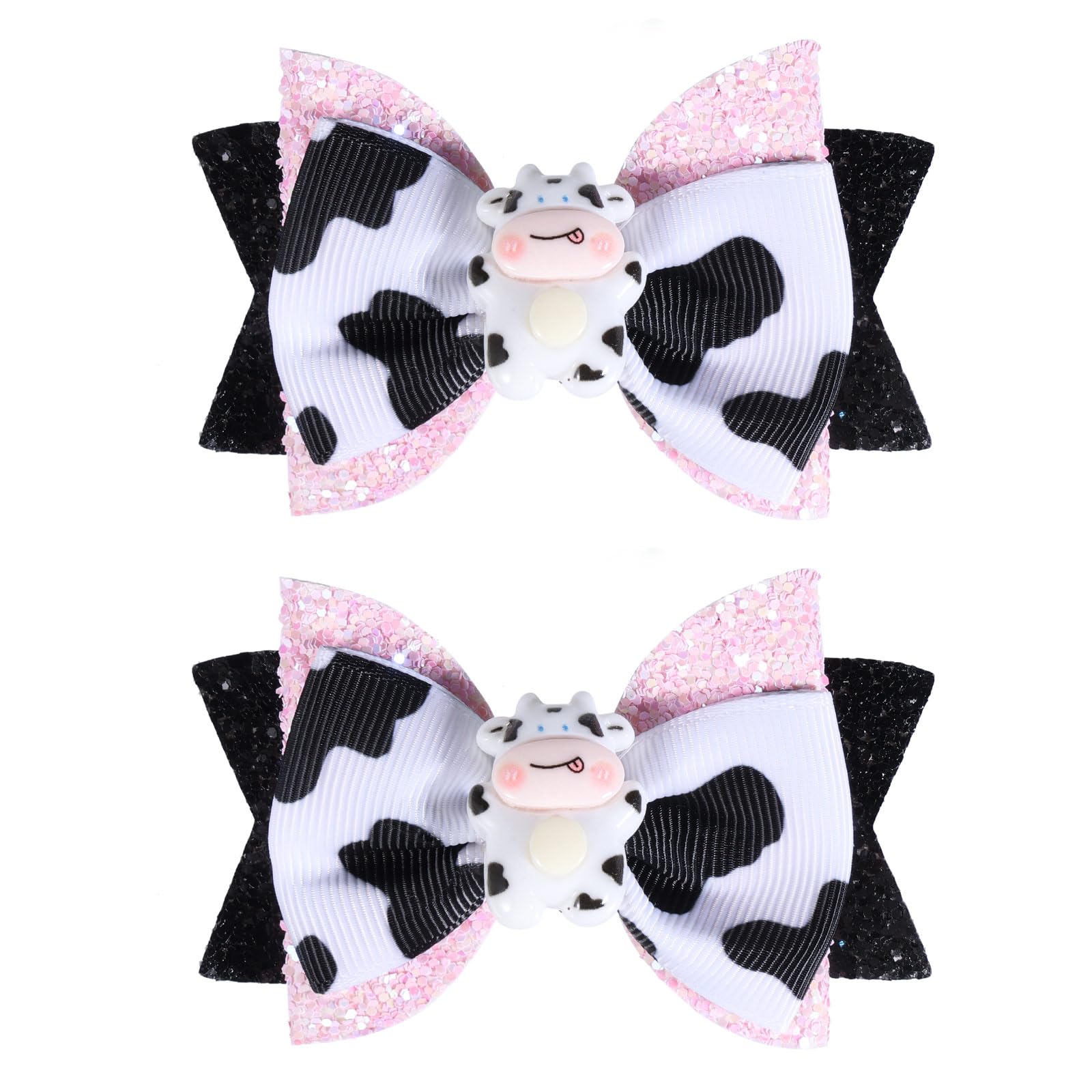 Miroksh front view bow pair showing cute cow print and sparkle benefit