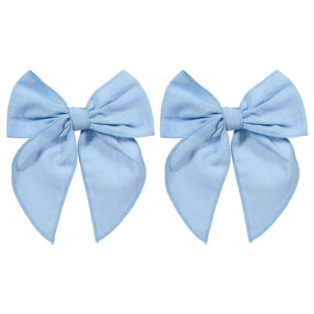 Miroksh light blue bow front view showing pair and soft cotton-linen finish