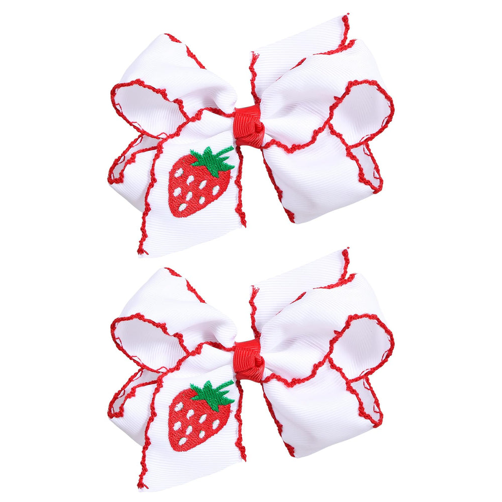 miroksh front view of strawberry bows showing bright ribbon and shape, adds playful style