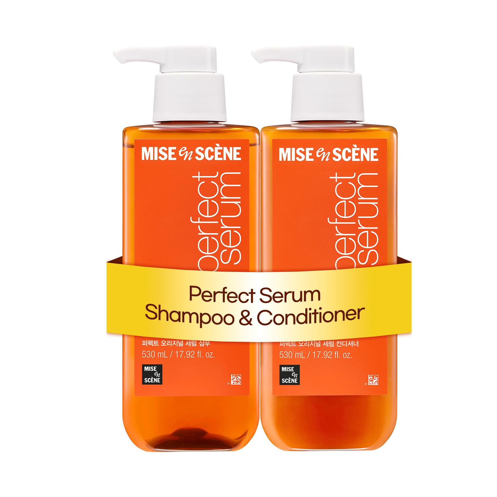 Mise En Scene front packaging showing the full perfect serum shampoo and conditioner set for shine