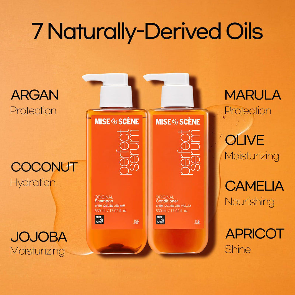 Mise En Scene ingredient display with argan and jojoba bottles showing nourishing oil benefit